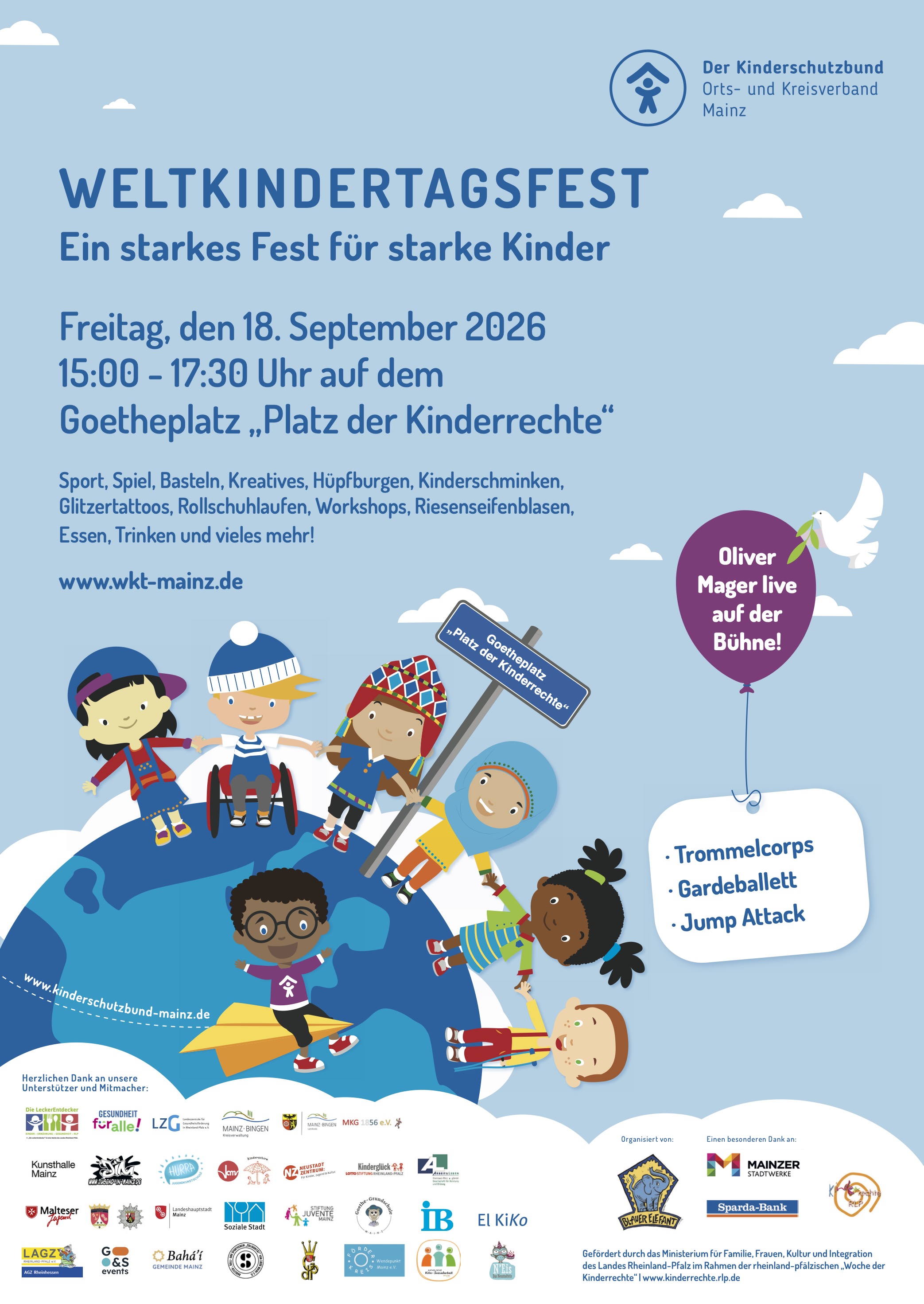 Plakat Weltkindertagsfest am 18. September 2026 auf dem Goetheplatz in Mainz
