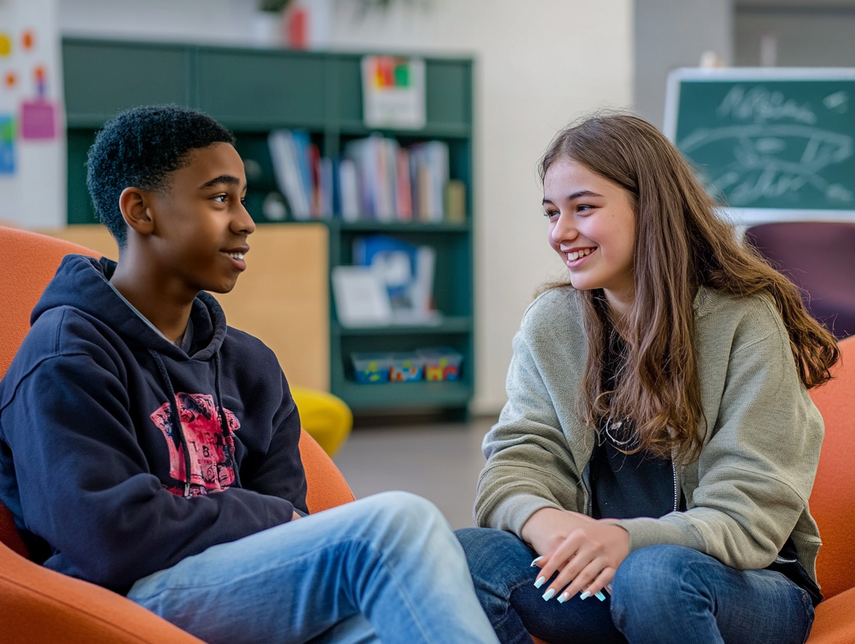 Zwei Teenager, ein Mädchen und ein Junge, sitzen sich gegenüber in orangefarbenen Sesseln und führen ein lockeres Gespräch. Im Hintergrund sieht man einen Klassenraum mit einer Tafel und Bücherregalen.