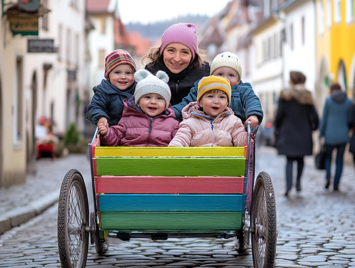 Eine Frau sitzt hinter einem bunt gestrichenen Bollerwagen, in dem sich vier Kleinkinder befinden. Alle tragen farbenfrohe Jacken und Mützen und lächeln in die Kamera. Im Hintergrund erkennt man eine gepflasterte Gasse mit ein paar Fußgängern und Häuserreihen links und rechts.