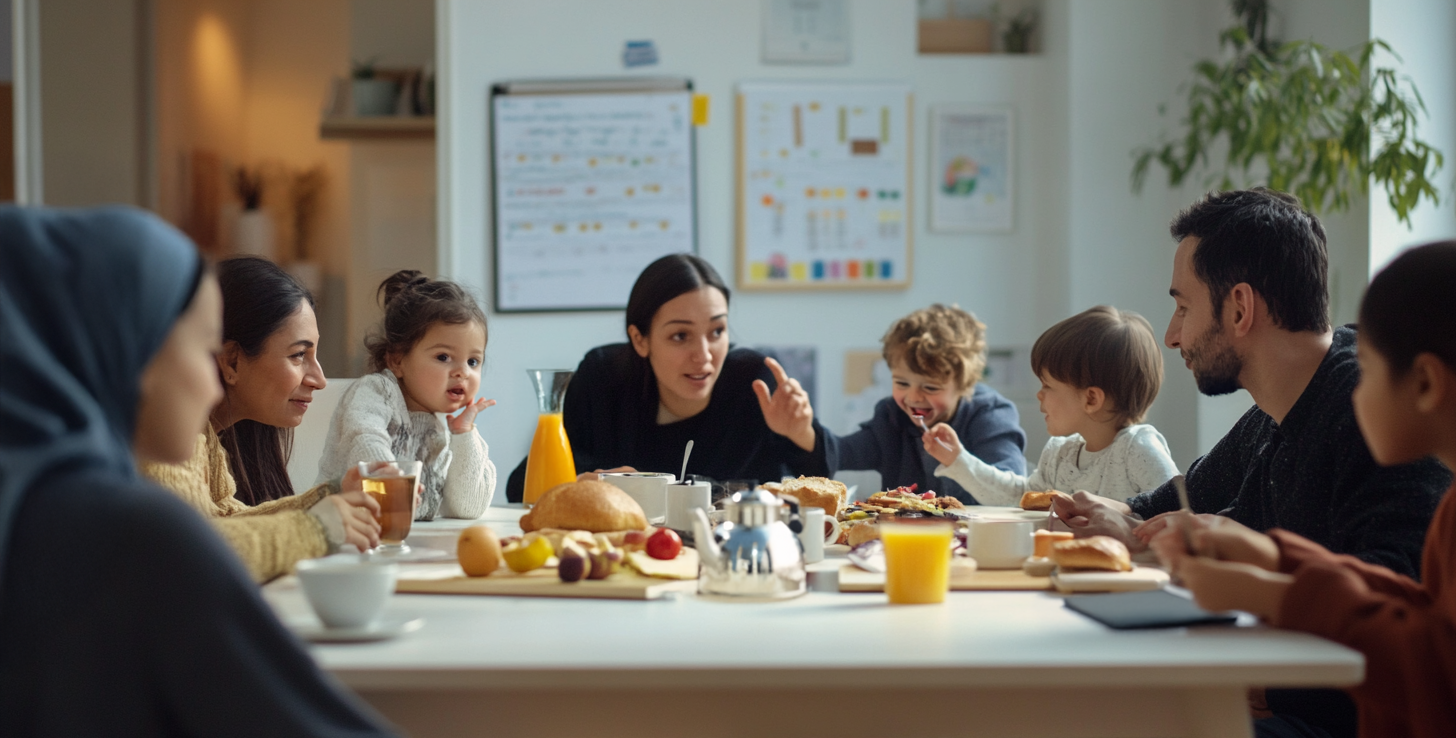 Eine achtköpfige Familie sitzt zusammen an einem gedeckten Frühstückstisch vor einem Fenster, die Sonnenstrahlen scheinen durch das Fenster und die Szene wirkt harmonisch und liebevoll.