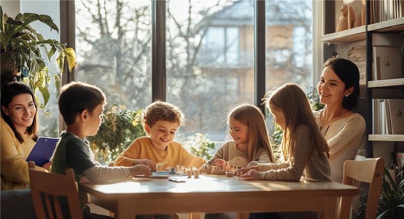 Erzieherin spielt mit Kindern ein Brettspiel am Tisch.